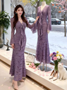 CHANGTONG | Stylish V-neck Purple Slim Fit Mermaid Dress 2026 Spring