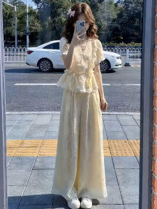 Shalldoer | Elegant Lace Ribbon Shirt and Loose Wide Leg Trousers 2pcs Set