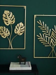 Fast Delivery Nordic Wall decoration hanging Metal art Frame decor Golden leaves Hiasan Dinding Ruang Tamu