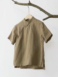 Retro Chinese Style Pure Color Loose Fit Cotton Linen Short Sleeve Shirt Women Summer Slimming Modified Cheongsam Top Thin