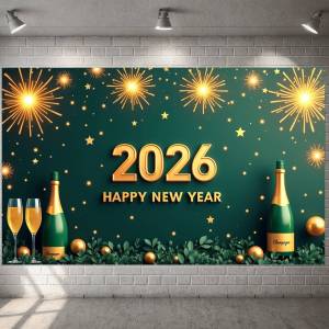 2026 New Year Banner Green Background Champagne Happy New Year Banner for New Year Party 2026 Celebration Holiday Decoration