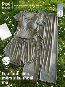 MiiOW | Cool Silk Nightwear Set For Summer Chest Pad Short Sleeve