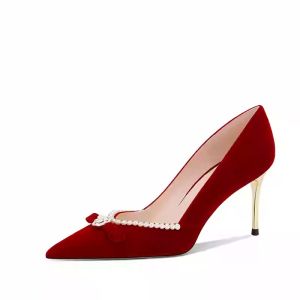 Red Chinese Style Pearl Tea Flower High Heels Womens Wedding Shoes Comfortable Thin Heel Fashionable Single Shoes for Brides