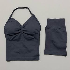 2 Piece Histello Sports Set Women Longline Strappy Top Seamless Yoga Tank Scrunch Butt Workout Shorts Suit Gym Sports Sets