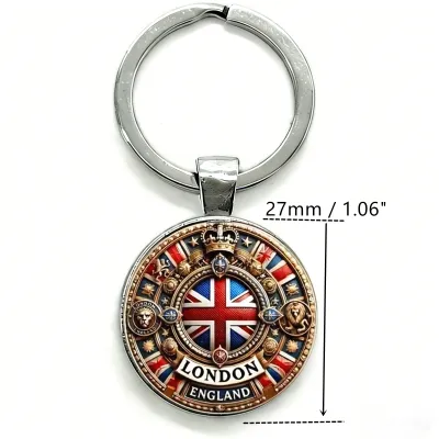 Vintage London Keychain Round Glass Pendant with Union Jack Crown Star British Souvenir Patriotic Gift for England Traveler