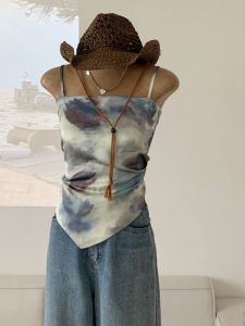 Spicy Girl Oil Painting Strap Vest Women Summer Elegant Unique Design Slim Fit Inner Wear Short Top Outerwear Fashionable Commute Pure Color