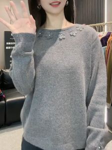 QINGNAER | Elegant 3D Flower Knit Sweater