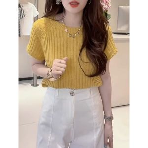 Áo Thun Nữ Tay Ngắn Dệt Kim Mỏng Màu Vàng Khoét Lỗ Mùa Hè 2025 Phong Cách Mới Thon Gọn Đa Năng Thanh Lịch Áo Thun Tay Ngắn