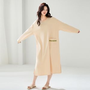 MiiOW | ชุดนอนผู้หญิงผ้าฝ้ายบริสุทธิ์ MiiOW ฤดูใบไม้ร่วง 2025 ชุดนอนลำลองสำหรับสวมใส่ในบ้าน กระโปรงยาวคลุมเข่า แขนยาว คอกลม