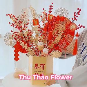 Cành hoa trang trí tết phũ nhủ vàng cành đào đông đỏ cành táo vàng rẻ quạt lông công cành lựu trang trí