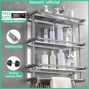 DecorX 40CM Storage Racks Organizer Bathroom Shelf Organizer Stainless Steel Towel Rack Punch-free Shower room Shelf With Hooks And Adjustable Bar Carbon Steel Bathroom Shelves Rust Proof Stand Paste Installation Wall Mounted Washroom Accessories Set
