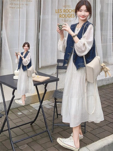 NUMEN BUTTON | Vintage Elegant Two-Piece Set Long Sleeve Dress Jeans Vest