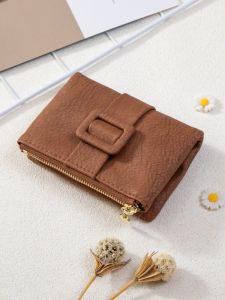 Unique Design Ladies Wallet Short Zipper Buckle Multi-Card Slot Coin Purse Female Youth PU Leather Horizontal Pattern Solid Color