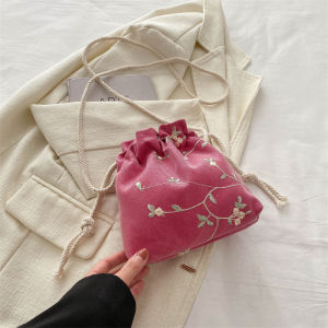 Delicate Drawstring Bucket Bag Womens Summer New Simple Fashion Versatile INS Crossbody Lace Bucket Bag Soft PU Leather