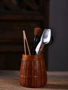 Handmade Bamboo Woven Lacquer Tea Cylinder Tea Ceremony Desktop Storage Bucket Vintage Chinese Style Tea Art Accessories