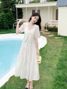 Elegant French Style Summer New White Moonlight Slimming Chiffon Dress Womens Mid-Sleeve V-Neck A-Line Gown with Bubble Sleeves