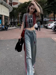 Summer Sporty Womens Two-Piece Set Cotton Short Sleeve High Waist Wide Leg Jeans Retro Hong Kong Style Casual Fashion