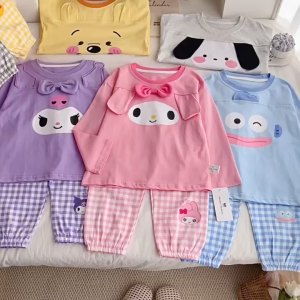 [100% Cotton] 2025 Children Cartoon Loungewear Pure Cotton Pajamas Three-Dimensional Ears Long-Sleeved Trousers New Style Suit