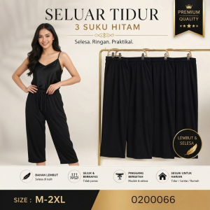 Women Seluar Tidur 3/4 Black Sleep Pants Soft Cotton Elastic Waist Lounge Pants M-2XL