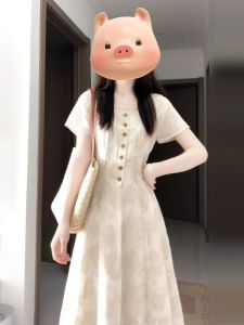 French Vintage Square Collar Print Dress Women Summer New High Waist A-Line Long Skirt Elegant Short Sleeve Single Button