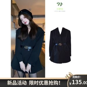 เสื้อสูทสีดำลำลองสำหรับผู้หญิง ทรงหลวม แขนยาว ทรงเข้ารูป เสื้อผ้าทำงาน ฤดูใบไม้ร่วง/ฤดูหนาว เสื้อผ้าทำงานสีพื้น