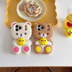 EOENKK | Cute Cartoon Rilakkuma Holding Chicken Silicone Phone Case For iPhone 17 16 15 14 13 Pro Max Plus 16e 17e Leg Stand Back Cover