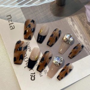 เล็บปลอมรูปโลงศพทำมือ 10 ชิ้น เล็บปลอมสวยงาม ลายจุดลายเสือดาว เหมาะสำหรับผู้หญิงใช้