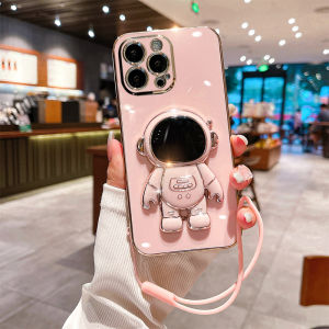 Electroplated Cute Astronaut Phone Case for Apple 14 pro Max Silicone Protective Cover with Stand And Lanyard Luxury Creative
