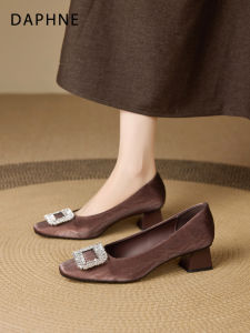 Daphne | Square Buckle Crystal Coarse Heel Single Shoes