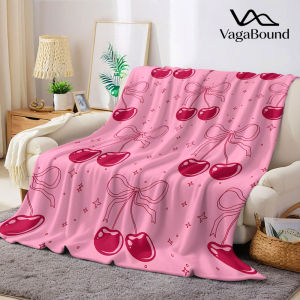 Pink Cherry Bow Flannel Blanket Warm Soft Halloween Christmas Decorative Couch Warm Cozy All-Season Gift