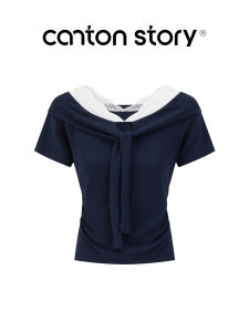 Cantonstory | Blue Lace Splicing V-Neck T-Shirt Women Slim Fit Spring