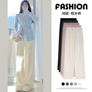High Waist Corduroy Wide Leg Pants Womens Autumn Winter Loose Knitted Fleece Lined Casual Trousers Korean Style Long Pants