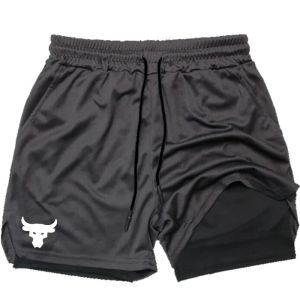 Mens Gym Shorts Double Layer 2-in-1 Compression Stretchy Sports Shorts Quick Dry Fitness Workout Towel Loop Summer Performance