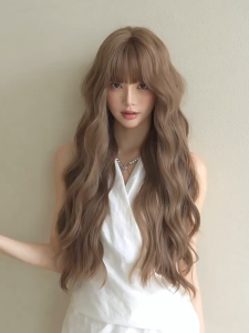 "Seven Queen" Wig 75cm Long Curly Warm Caramel Brown with Bangs Hair Natural High-Temperature Polyester High Quality Fashion Smooth Matt