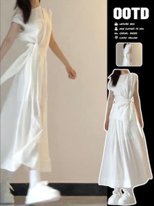 SUSIEYUAN | White Summer Dress Womens Beautiful Mysterious Long Skirt Set Sweet Style Loose Waist Polyester Fiber Cotton Blend A-Line Skirt Short Sleeve Round Neck