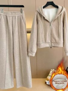 HUAXUNRAN | Women Hoodie Sweatshirt Wide Leg Pants Set Thickening