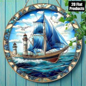 2D Flat Stained Glass Style Sailboat & Lighthouse Round Tin Sign Nautical Metal Wall Art for Coastal Beach and Ocean Decor