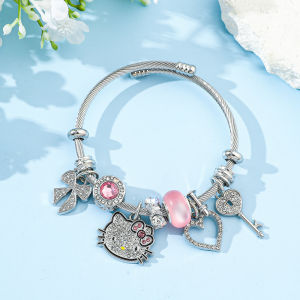 ซานริโอ เฮลโล คิตตี้คริสตัลฝังโลหะผสมกำไลข้อมือสำหรับผู้หญิงการ์ตูนอะนิเมะปรับเปิดสร้อยข้อมือแฟชั่นเครื่องประดับของขวัญหญิง