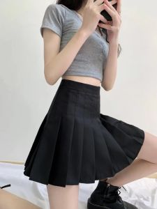 Spring High Waist Pleated Mini Skirt Womens Versatile White College Style Half-length Skirt Nylon Fabric Pure Color A-Line Skirt