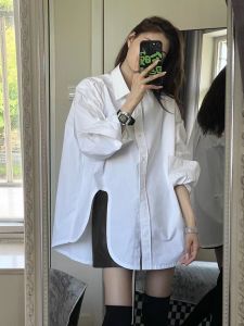 Spring 2025 Womens Loose Slimming Lazy Style Shirt Casual Slit Open Cardigan Cotton Long Sleeve Polo Collar Mid-Length Coat