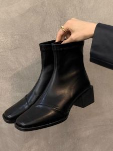 Fashionable Martin Boots Womens High Heel Chunky Heel Short Boots Winter Outerwear Korean Style Square Head Zipper Back Boots