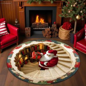 VIKAMA Round Christmas Rug Winter Snow Village 3D Illusion Print Non Slip Floor Mat Living Room Bedroom Xmas Holiday Home Decor