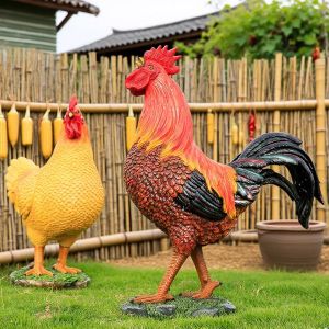 Resin Rooster And Hen Figurines Landscape Decorations Outdoor Courtyard Garden Farmhouse Storefront Decor Realistic Chicken Sculptures
