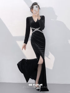 Elegant Host Long Sleeve Velvet Black Evening Gown