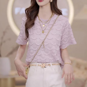 Shalldoer | French Lace Hollow Out Short Sleeve T-Shirt Womens Fashion Summer Loose Slimming Top Casual Style Universal Fit Floral Pattern