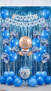 【Happy Time Combine Set】Blue Theme Christening Decoration Set DIY Party Package with Banner Latex Balloons for Baptism Baby Shower Birthday Celebration Supplies
