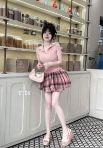 Set Áo Tăm Cổ Trụ Rút Eo + Váy Bí Bồng Caro 2 Lớp Có Quần – Thiết Kế Ngọt Ngào Tôn Dáng Chuẩn