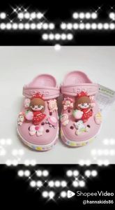 Tặng 12 Sticker-Dép Cross cho bé gái HannaKids Sục Cros Baya trẻ em Giày Croc Xăng đan màu Hồng viền hoa Sandal xuất dư