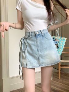 Retro Denim Skirt Womens Summer Plus Size Ladies Fashion Tape High Waist Plus Size Slim Looking Sheath A- line Skirt Pants