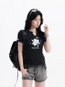 zuocisankon | Áo Thun In Chấm Bi Đáng Yêu V-Neck Ôm Sát